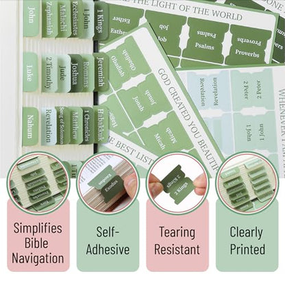 Mr. Pen- Laminated Bible Tabs, 75 pcs, Easy-to-Read & Apply - color: Sage Green