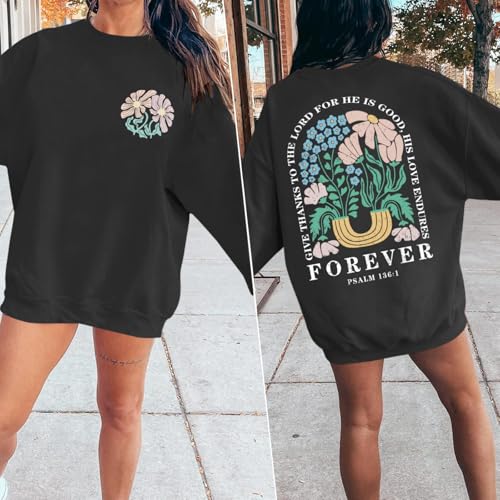 KEEVICI Women Christian Jesus Faith Sweatshirts Bible Verse Flower Floral Sweatshirt Religious God Graphic Oversized Hoodie - color: Black, size: XX-Large