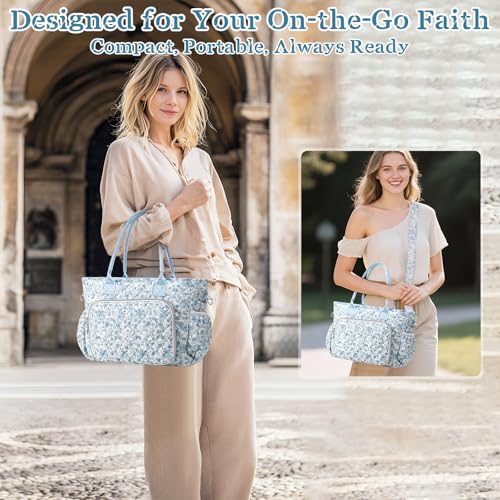 Large Bible Bag Quilted Bible Cover Case Kit for Women, Blue Flower - style: Blue Flower