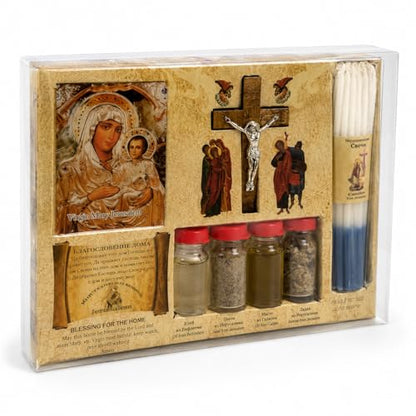 Holy Land Blessing for the Home Gift Set - Jerusalem Icon, Crucifix, Altar Candles, Sacred Soil, Water, Olive Oil & Incense (Our Lady of Jerusalem)