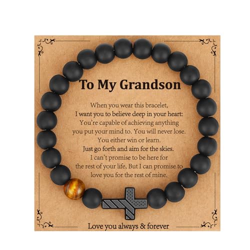 Gnamy Cross Bracelet for Boys Kids, American Flag Cross Beads Bracelet Easter Christian Religious Jewelry Gifts for Teen Teenage Boys - style: To My Grandson