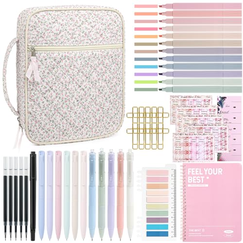 Bible Cover for Women Bible Case Large Bag Study Supplies Journaling Kit Book Carrying Case with Highlighters Christian Gifts for Women - color: Pink Little Flora Jumbo Pack, size: Upgraded Set