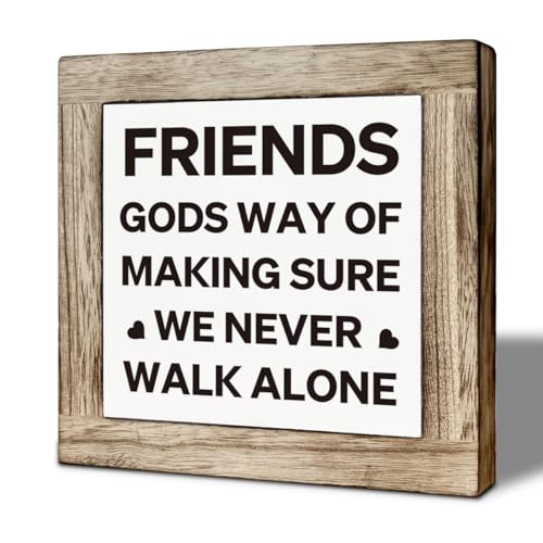 Christian Wooden Desk Decor Wooden Box Sign, Friends God's Way of Making Sure We Never Walk Alone, Farmhouse Inspirational Christian Faith Quote Decor for Friend 5.9x5.9 Inches - color: color37