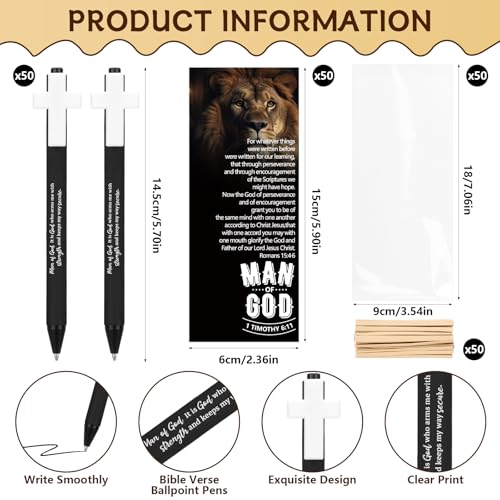 50 Sets Man of God Gifts Bulk Christian Ballpoint Pens with Wristbands Bracelets Bible Verse Cards for Men Father's Day Church Dad Godfather Pastor Religious Christmas Easter Party Favors (Style B) - style: Style B