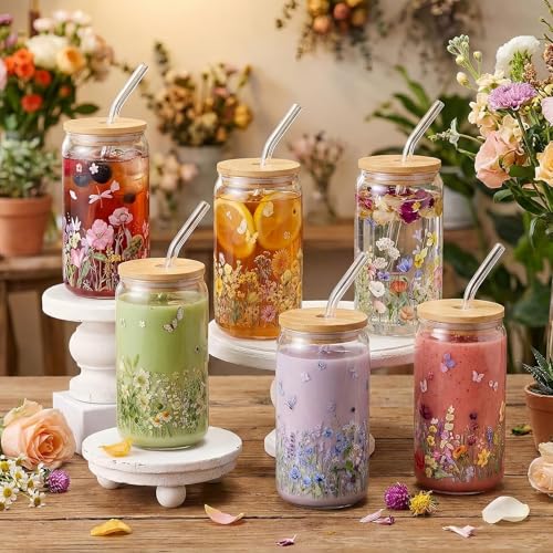 Glass Cups with Lids and Straws, 6Pack, 16oz, Wildflower - style: Wildflower