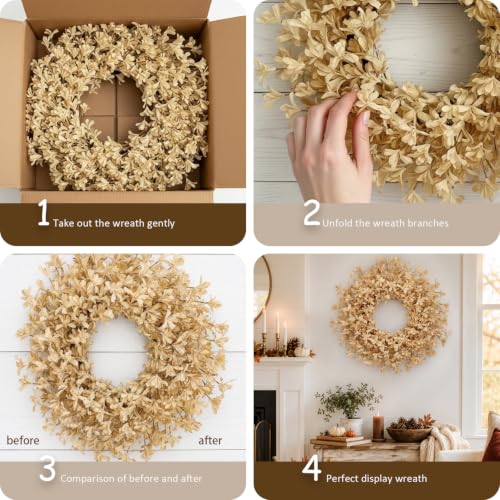 24 Inch Fall Wreaths for Front Door, Beige Forsythia Autumn Wreath - color: Beige