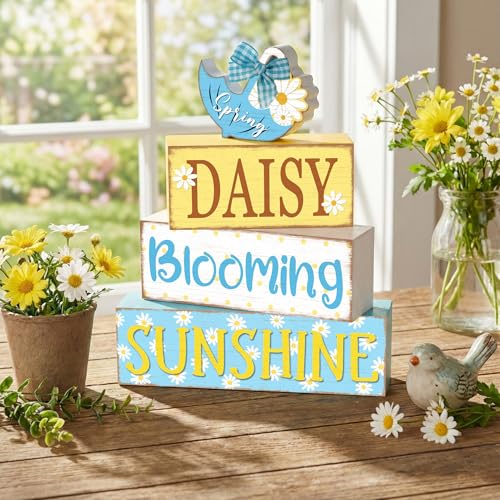 Britimes Tiered Tray Decor Set, 4 Pack, Wooden Table Sign, Daisy Spring - color: Spring Daisy