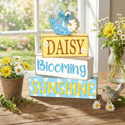Britimes Tiered Tray Decor Set, 4 Pack, Wooden Table Sign, Daisy Spring - color: Spring Daisy