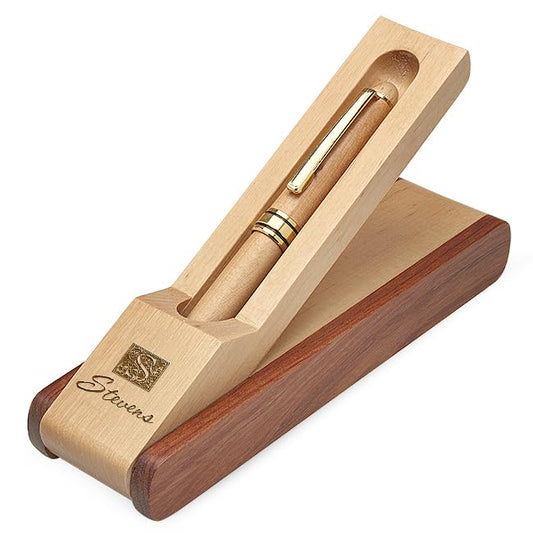 Executive Gift Shoppe | Last Name Monogram Laser Engraved Flip Over Wooden Pen Stand & Pen