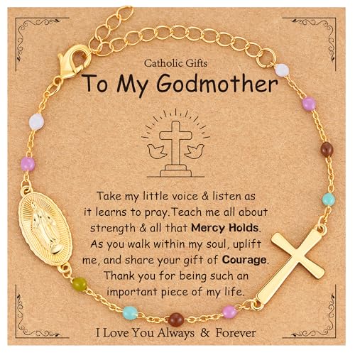 Catholic First Communion Confirmation Baptism Godmother Gifts — Virgin Mary Cross Rosary Beads Charm Bracelet, Christian Jewelry for Girls and Women - color: Gold, size: Godmother