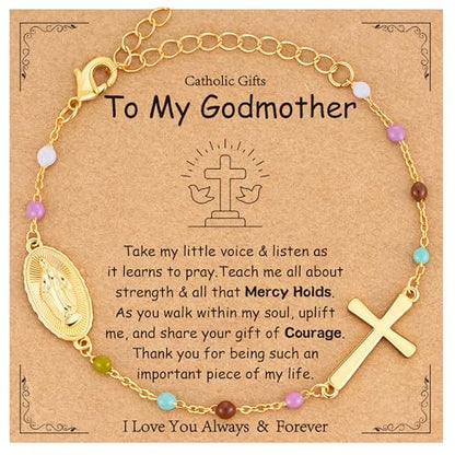 Catholic First Communion Confirmation Baptism Godmother Gifts — Virgin Mary Cross Rosary Beads Charm Bracelet, Christian Jewelry for Girls and Women - color: Gold, size: Godmother