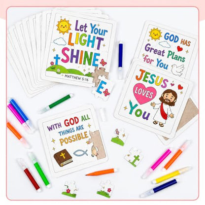 Cinrobiye 24 Pcs Christian Coloring Jigsaw Puzzle Crafts Bulk DIY Religious Inspirational Bible Activities Jesus Loves You Faith Art Projects for VBS Sunday School Church Party Favors - color: Christian