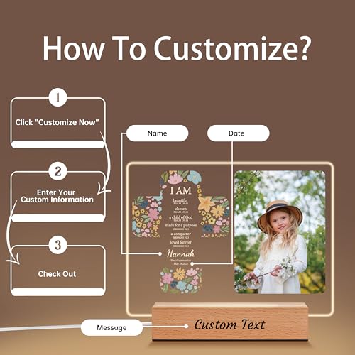 Personalized First Communion Pictrue Frame for Boys Girls, Custom Catholic Baptism Gifts for Kids, Customized Baby Gifts, Baby Shower Baptismal Decorations Sign with Name Night Light, Pictrue Frame
