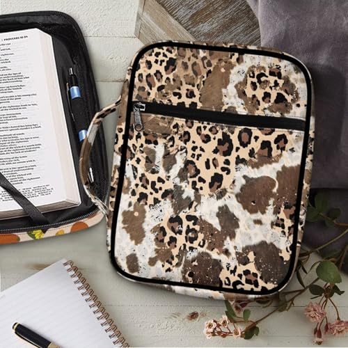 Coldinair Aesthetic Leopard Print Bible Cover for Women Girls Large Bible Case Scripture Study Carrying Book Cover Church Bag Protective with Handle and Zippered Pocket - color: Aesthetic Leopard Print