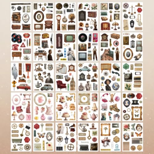 PRSTINCOL Vintage Sticker Book with 30 Pages and 300+ Aesthetic Stickers for Scrapbooking Supplies and Retro Bullet Journal - color: Retro Objects