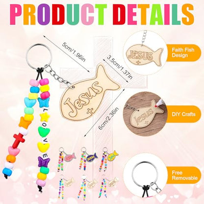 24Sets Christian Keychain Making Craft Kit with Wood Jesus Fish&Letter Beaads&Adjustable Rope,DIY Church Keychain Backpack Religious Keychains Cross Charm for Sunday Church School First Day Gifts