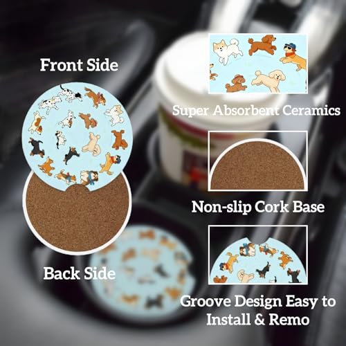 Ceramic Car Cup Coasters 2PCS - Cute Dog Circle - color: Cute Dog Circle