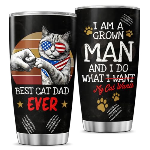 Funny Cat Dad Gift Tumbler for Men with American Sunglasses, Patriotic Fist Bump Design, 20oz Stainless Steel Insulated Travel Mug for Father's Day, Birthday, Cat Lovers - color: Cat Dad G5