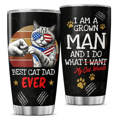 Funny Cat Dad Gift Tumbler for Men with American Sunglasses, Patriotic Fist Bump Design, 20oz Stainless Steel Insulated Travel Mug for Father's Day, Birthday, Cat Lovers - color: Cat Dad G5