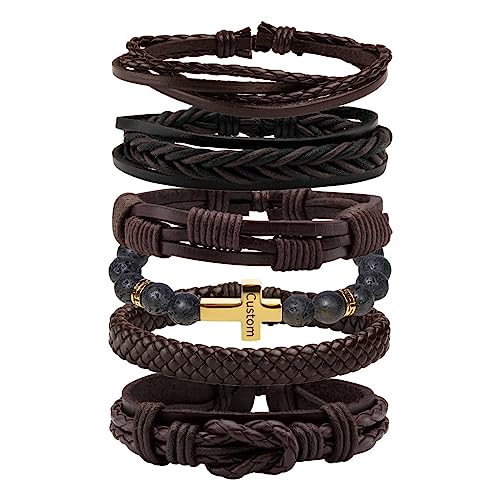 MILAKOO 6 Pcs Braided Leather Bracelet for Men Women Wooden Beaded Cuff Wrap Bracelet Adjustable - color: Customized
