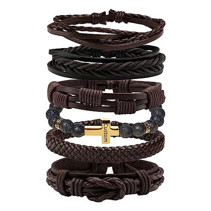 MILAKOO 6 Pcs Braided Leather Bracelet for Men Women Wooden Beaded Cuff Wrap Bracelet Adjustable - color: Customized