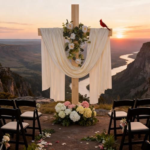 71Inch Large Wooden Cross for Wedding White Ribbon Eucalyptus Garland White - color: White, size: 71Inch