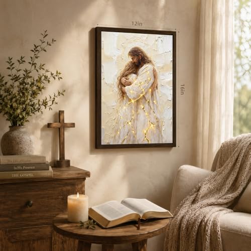 INJOLLY Wood Framed Jesus Embrace Woman Christian Wall Art 12x16 in - color: Woman, size: 16"L x 12"W