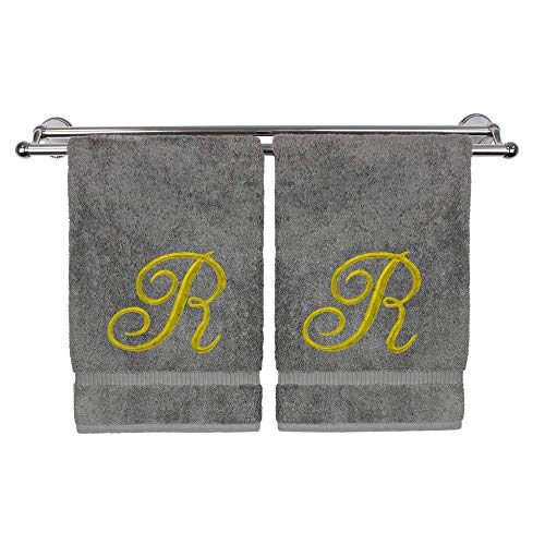 Monogrammed Hand Towel, Personalized Gift, 16 x 30 Inches - Set of 2 - Gold Embroidered Towel - Extra Absorbent 100% Turkish Cotton - Soft Terry Finish - for Bathroom, Kitchen and Spa - Script R Gray - color: Gold on Gray, style: Initial R