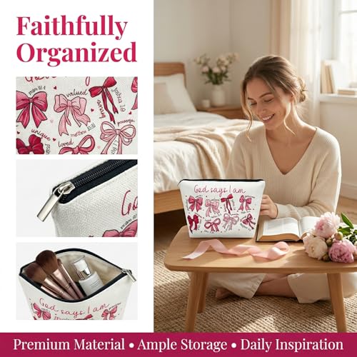 1 Pcs bow makeup bag inscribed with God Says I Am... and Bible verses a faith filled Christian inspirational gift for women 9.84x6.93x2.36 (Bow A) - color: Bow A
