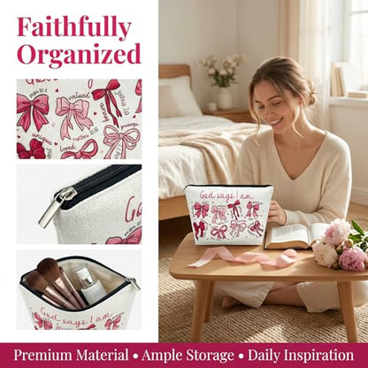 1 Pcs bow makeup bag inscribed with God Says I Am... and Bible verses a faith filled Christian inspirational gift for women 9.84x6.93x2.36 (Bow A) - color: Bow A