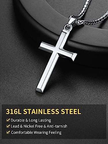 ChainsHouse Cross Necklace for Men, Black/18K Gold Plated/Stainless Steel Christian Jewelry Cross Pendant Necklace for Men, with Gift Box - color: d: Cross-Steel