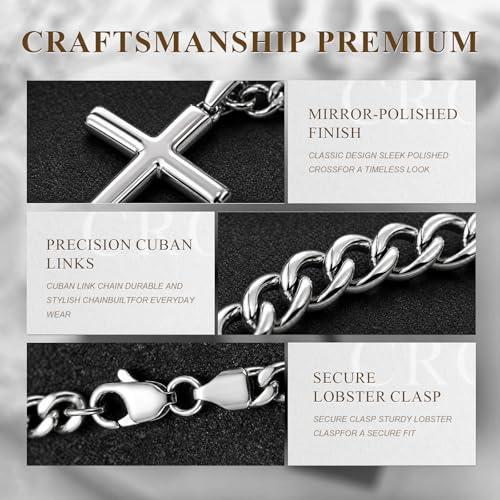 TenKa Cross Necklace for Men, 316L Stainless Steel Mens Cross Necklaces, Bold Silver & Gold Pendant with Waterproof 5mm Cuban Chain 18-30 Inch - color: Silver, size: 22 Inch