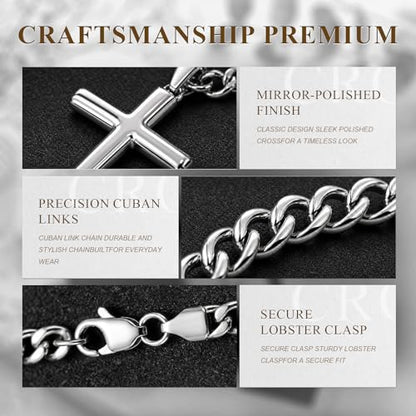 TenKa Cross Necklace for Men, 316L Stainless Steel Mens Cross Necklaces, Bold Silver & Gold Pendant with Waterproof 5mm Cuban Chain 18-30 Inch - color: Silver, size: 22 Inch