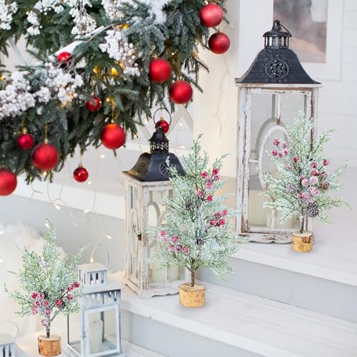 Winlyn 3 Pack Mini Christmas Trees with Wood Box Farmhouse Centerpiece Small Snowy Artificial Cedar Trees with Red Berries and Wood Bases Table Decorations for Rustic Home Winter Holiday Mantel Décor