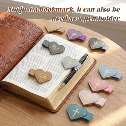 Resurhang 10 Pcs Magnetic Bible Bookmarks Heart Leather Cross Pen Clip