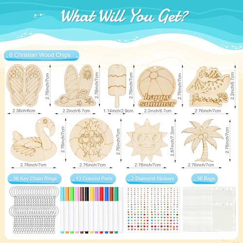 Bafeil 36 Pcs Summer Unfinished Wooden Crafts Kits Color Your Own Keychains - color: Summer Color Your Own Keychains