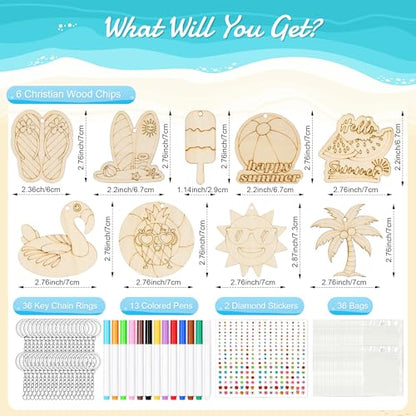 Bafeil 36 Pcs Summer Unfinished Wooden Crafts Kits Color Your Own Keychains - color: Summer Color Your Own Keychains