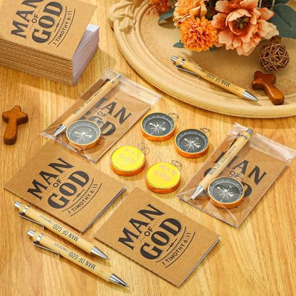 Chiisong 25 Set Christmas Man of God Gifts Include 25 Christian Mini Compass 25 Religious Notebooks 25 Bamboo Ballpoint Pens for Man Christmas Pastors Church Travel Party Favors(25 Sets,Black, Gold) - color: Black, Gold
