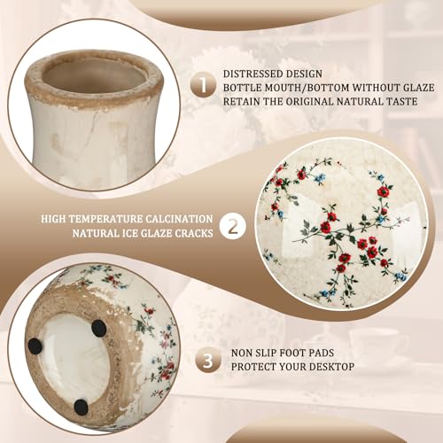 LemonRoad Vintage Ceramic Flower Vase 5.7 Inch Chinoiserie Ice Cracked Glaze Porcelain Vase Rustic Ceramic Large Centerpieces for Home Table Living Room Bookshelf Office(Rose Style) - style: Rose Style
