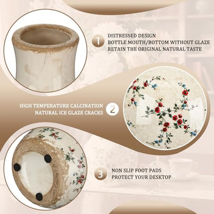 LemonRoad Vintage Ceramic Flower Vase 5.7 Inch Chinoiserie Ice Cracked Glaze Porcelain Vase Rustic Ceramic Large Centerpieces for Home Table Living Room Bookshelf Office(Rose Style) - style: Rose Style