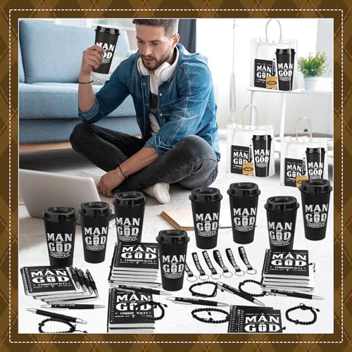 12 Sets/ 72 Pcs Christian Gifts for Men Bulk Man of God Theme Christmas Religious Gift for Church Group Includes 16oz Plastic Coffee Cup Notebooks Pens Keychains Bracelets Bags (Man of God) - color: Man of God
