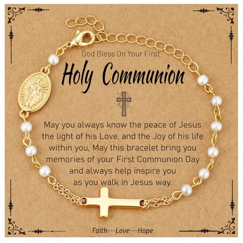 Catholic Bracelets Gifts for Women Girls, Simulated Pearl Rosary Beads Virgin Mary Cross Charm Bracelet Confirmation First Communion Baptism Religious Christian Jewelry Gift - color: First Holy Communion Gold