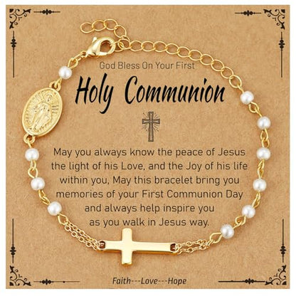 Catholic Bracelets Gifts for Women Girls, Simulated Pearl Rosary Beads Virgin Mary Cross Charm Bracelet Confirmation First Communion Baptism Religious Christian Jewelry Gift - color: First Holy Communion Gold