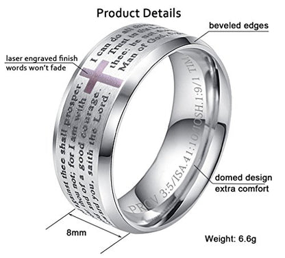 Men's Stainless Steel Bible Verse Christian Lord's Prayer Cross Ring Wedding Bands Engraved Praying - color: Silver