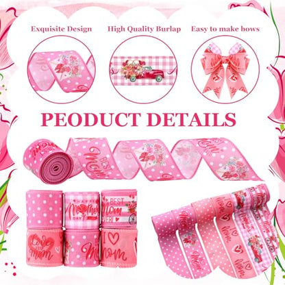12 Rolls Mother's Day Wired Edge Ribbon for Wreaths 2 Inch x 60 Yards Pink Burlap Stripe Ribbons Happy Mother's Day Love You Mom Floral Decorative for Bow Wreath DIY Craft Gift Wrapping Decor - style: Mother's Day