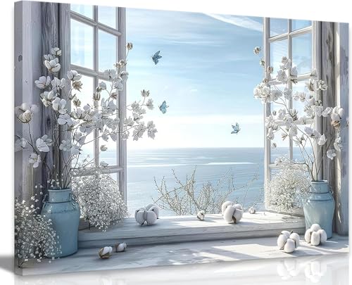 DAXINGJ Blue Coastal Butterfly Window Wall Art, Farmhouse Beach Framed - color: blue window, size: 16"L x 12"W