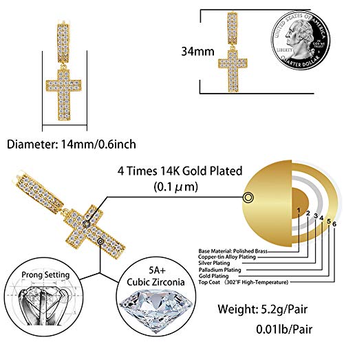 TOPGRILLZ Cross Hoop Dangle Earrings 925 Sterling Silver 5A+ Cubic Zirconia 14K Gold Hypoallergenic Cross Hoop Cuff Huggie Drop Earrings For Men Women - color: Cross 2 Gold