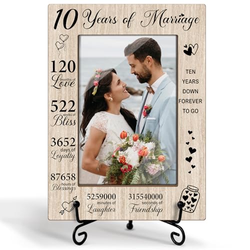 Romantic Gifts 10 Years Of Marriage Picture Frame Wooden Picture Frames 4x6, Wooden Photo Frame With Stand Couple Gifts For Wedding Anniversary, Display Frame Desk Decor Home Decor (Vertical)-30 - style: 10 Years Of Marriage