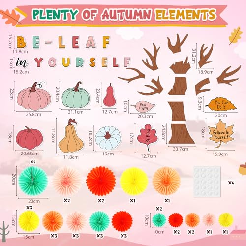 Gersoniel 81 Pcs Fall Tree Bulletin Board Decorations Be Leaf in Yourself Classroom Tree Bulletin Board Motivational Boho Pumpkin Cutouts 3D Paper Fans Crafts Thanksgiving Fall Harvest Wall Decor - style: Pastel