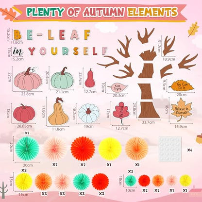 Gersoniel 81 Pcs Fall Tree Bulletin Board Decorations Be Leaf in Yourself Classroom Tree Bulletin Board Motivational Boho Pumpkin Cutouts 3D Paper Fans Crafts Thanksgiving Fall Harvest Wall Decor - style: Pastel